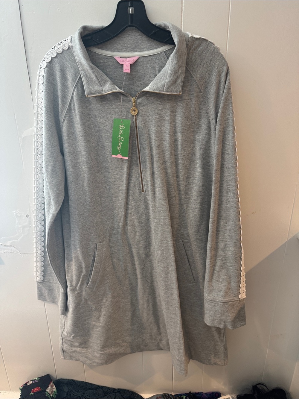Lilly Pulitzer Gray Pullover with White Lace Sleeve Trim